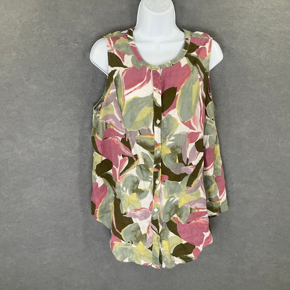 Tahari Top Womens Sz L Linen Floral Button Up Blouse Cruise Travel Coastal